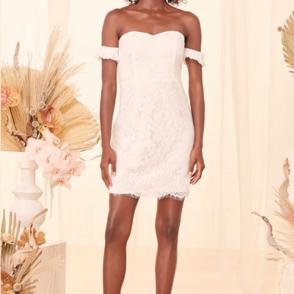 Splendorous Evenings White Lace Off-the-Shoulder Mini Dress